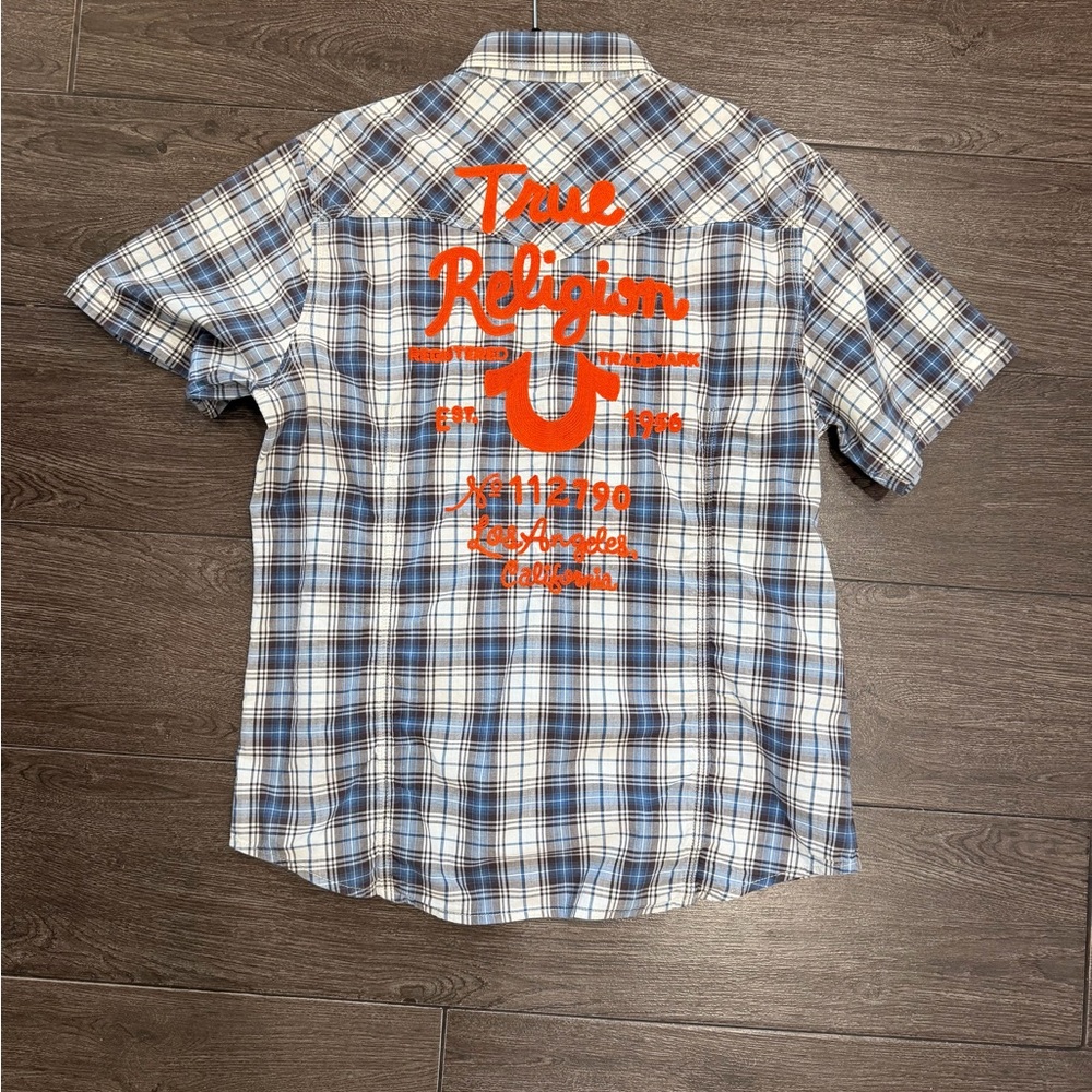 True Religion short sleeve men’s plaid shirt Blue and White Plaid Shirt XXL